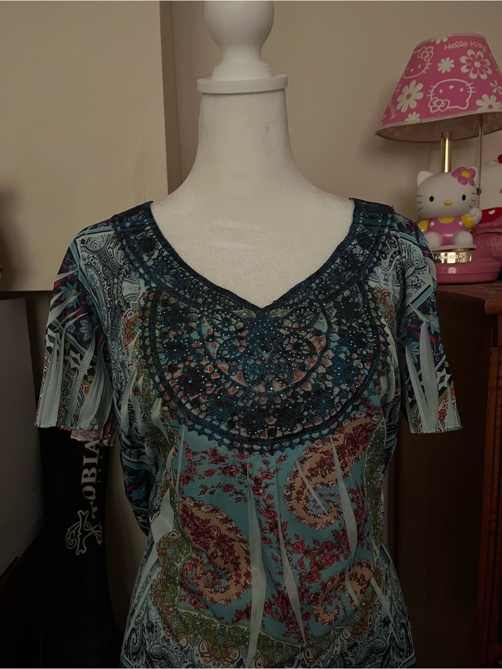 Embellished Paisley V-Neck Women’s Top in Teal